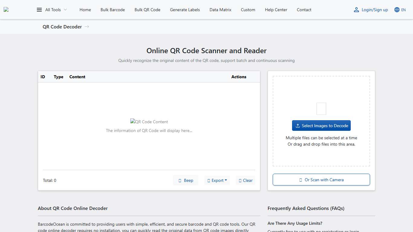 QR Code Online Decoder, Quickly Bulk Scan and Read QR Code Content - BarcodeOcean